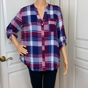 A’gaci Purple/Blue Button Up Plaid Blouse Size L